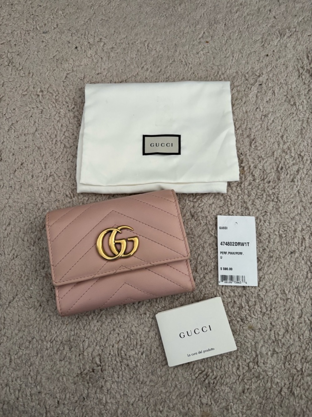 Gucci Blush Pink GG Marmont Chevron Wallet with Gold Hardware